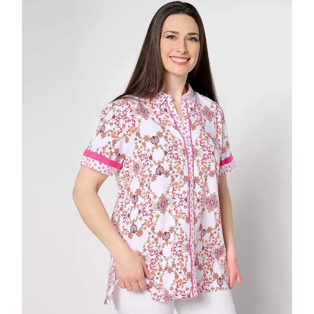 Susan Graver Passport Petite Rayon Button Front Tunic Tangerine Pink PXL A647447